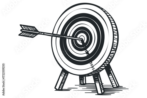 Arrow hitting bullseye on target board. Vector hand drawn illustration