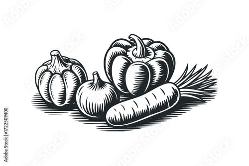 Black and white woodcut style vegetables including garlic, pepper, and carrot. Vector hand drawn illustration
