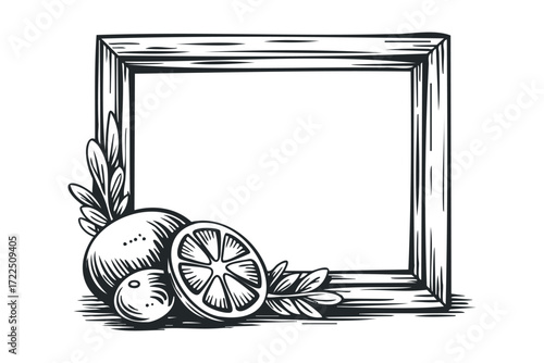 Hand Drawn Square Frame with Oranges and Leaves. Vector hand drawn illustration