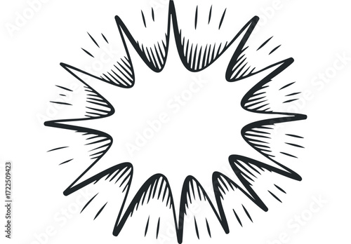 Explosive burst shape with comic book hatching and radiating lines. Vector hand drawn illustration