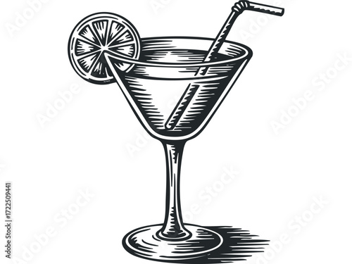 Woodcut style martini glass with lemon slice and straw. Vector hand drawn illustration