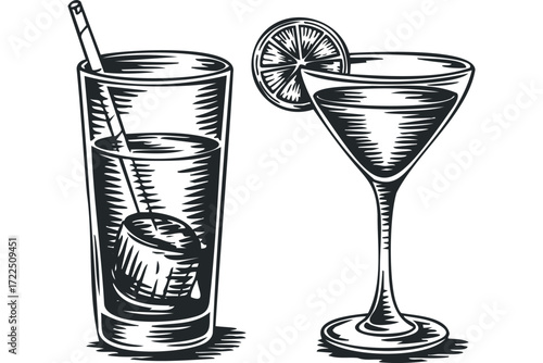 Black and white drawing of two alcoholic drinks. Vector hand drawn illustration