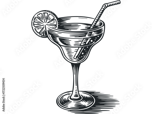 Engraved Cocktail Glass with Lime Slice and Straw. Vector hand drawn illustration