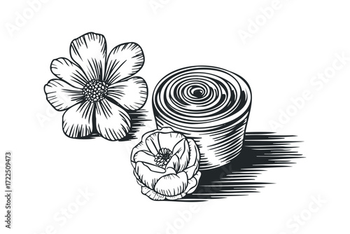 Hand drawn ink sketch of two blooming flowers and a rolled scroll. Vector hand drawn illustration