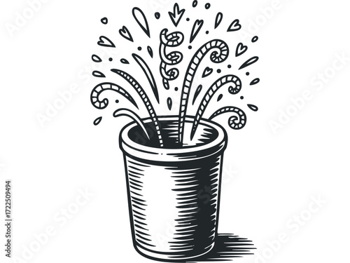 Hand drawn overflowing cup with swirling confetti and hearts. Vector hand drawn illustration