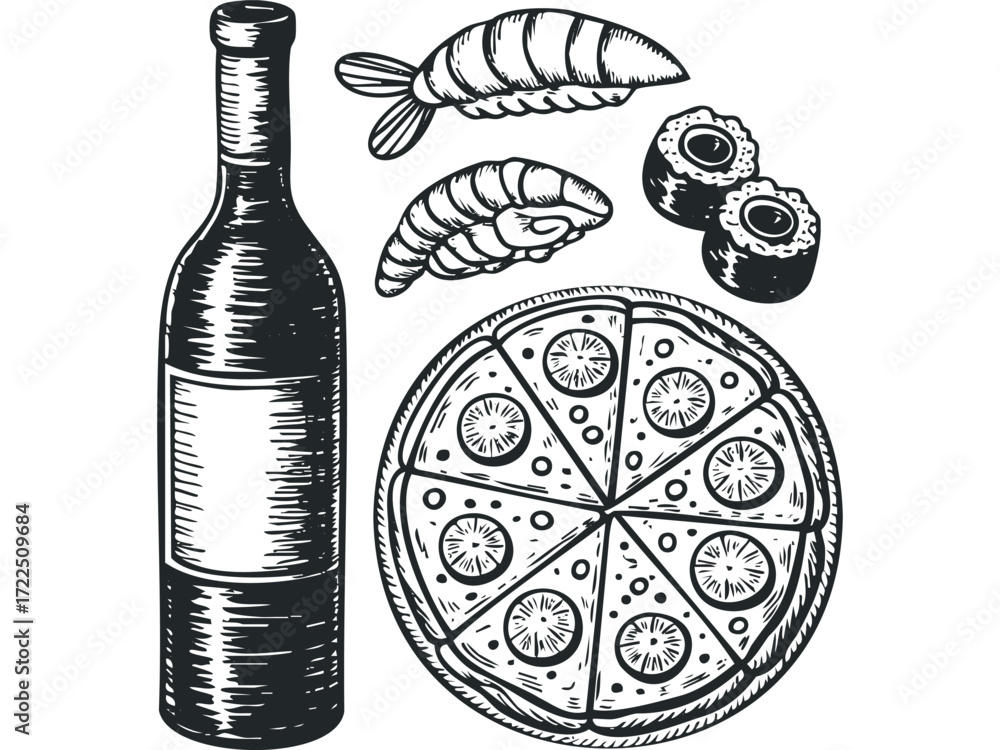 Hand-drawn food and drink ensemble with pizza, sushi, and wine. Vector hand drawn illustration