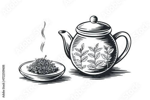 Woodcut Style Teapot with Tea Leaves and Steam. Vector hand drawn illustration