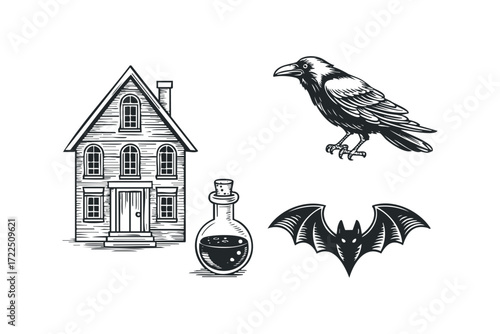 Haunted house with raven, bat, and potion bottle. Vector hand drawn illustration