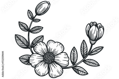 Floral Swirl with Blooming Flower and Bud. Vector hand drawn illustration