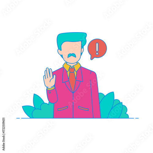 Stop . Man in suit holding hand up with exclamation mark in speech bubble isolated on transparent background.