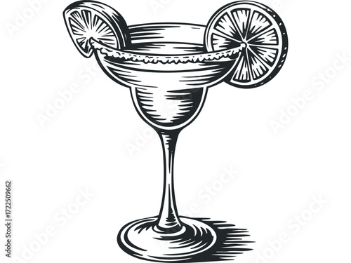 Cocktail glass with lime slices and salt rim. Vector hand drawn illustration