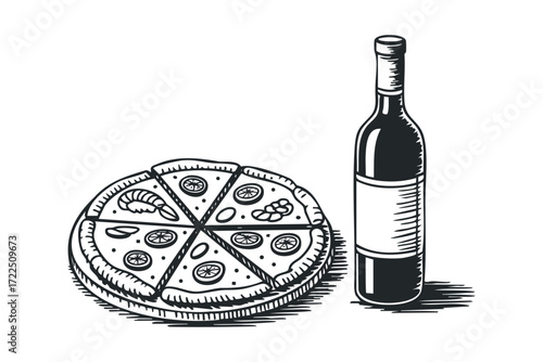 Pizza and wine bottle in graphic style. Vector hand drawn illustration
