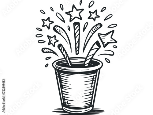 Celebration drink with stars and sparks emanating from a cup. Vector hand drawn illustration
