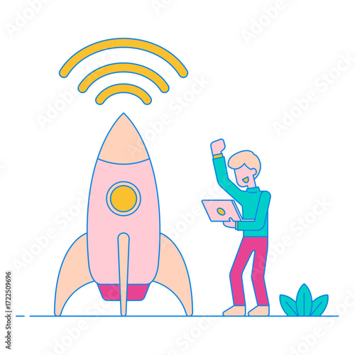 Superfast Fibre Connection. Man with laptop celebrating successful rocket launch isolated on transparent background.