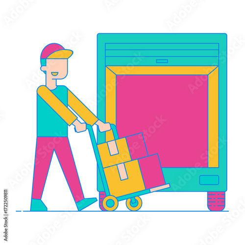 Transporting. Delivery person with cart and boxes next to truck isolated on transparent background.