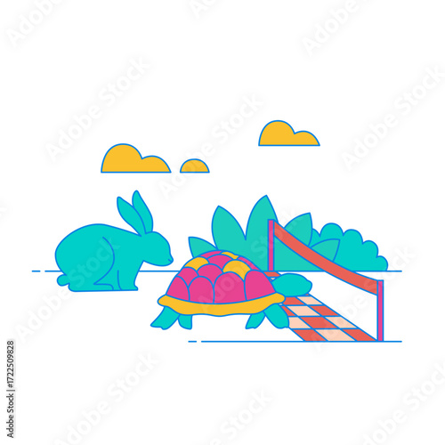 Turtle and Hare Race. Rabbit and tortoise racing on a checkered track with plants and clouds isolated on transparent background.