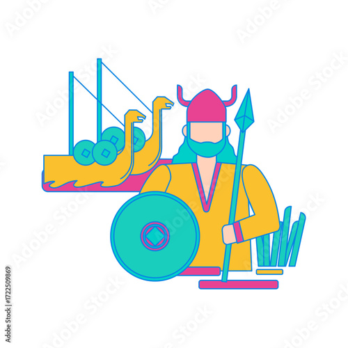 Viking Invader. Viking warrior with shield spear and longship isolated on transparent background.