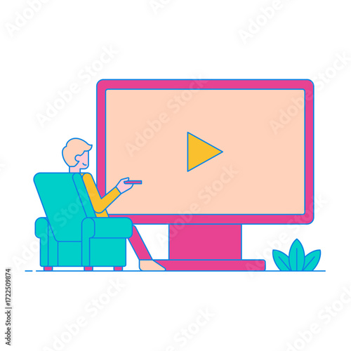 Video on Demand. Man watching tv on a couch with remote control isolated on transparent background.