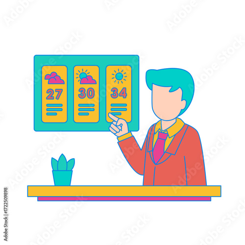 Weatherman. Man presenting weather forecast with temperature isolated on transparent background.