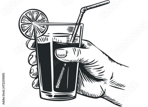 Hand holds glass of dark beverage with citrus slice and straw. Vector hand drawn illustration