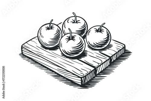Four Apples on a Wooden Cutting Board. Vector hand drawn illustration