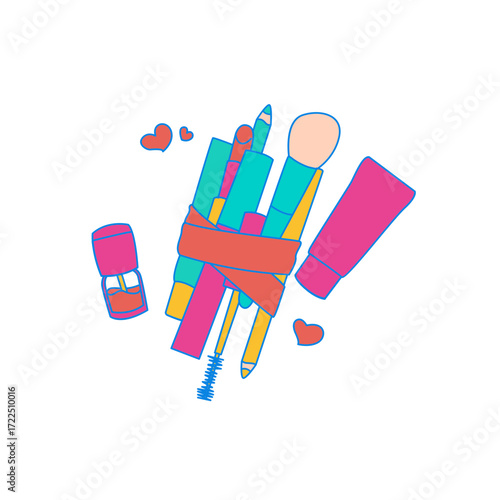 Beauty . Cute colorful makeup brushes and products isolated on transparent background.