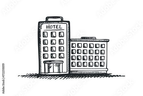 Sketch of hotel buildings with windows and entrance. Vector hand drawn illustration