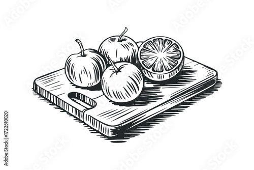 Three whole apples and one sliced apple on wooden cutting board. Vector hand drawn illustration