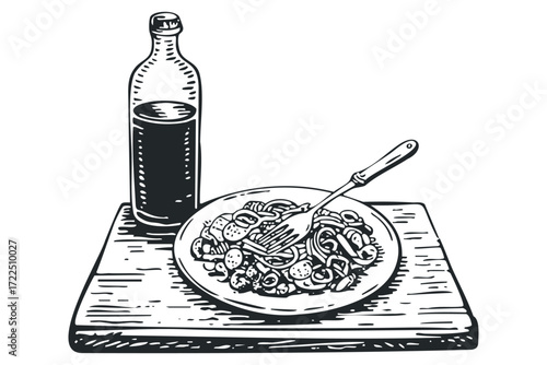 Pasta dish with bottle of drink on wooden surface. Vector hand drawn illustration