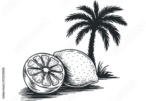 Whole and halved citrus fruit with palm tree silhouette. Vector hand drawn illustration