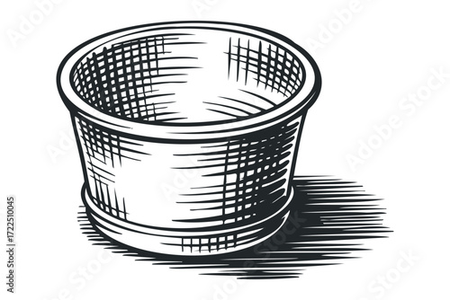 Woven basket with hatched shading. Vector hand drawn illustration