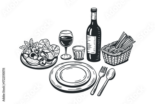 Food and wine set with plate and cutlery. Vector hand drawn illustration