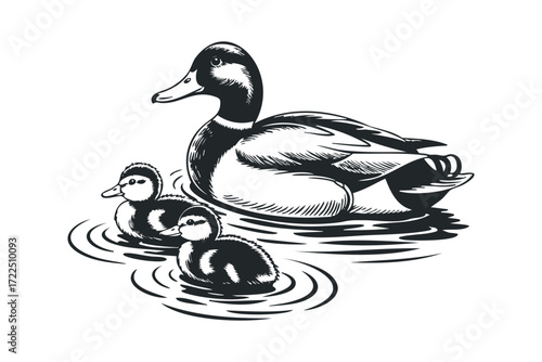 Duck family swimming in water ripples. Vector hand drawn illustration