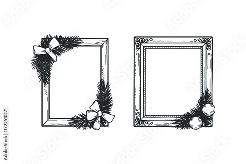 Two ornamental frames decorated with evergreen boughs and festive accents. Vector hand drawn illustration