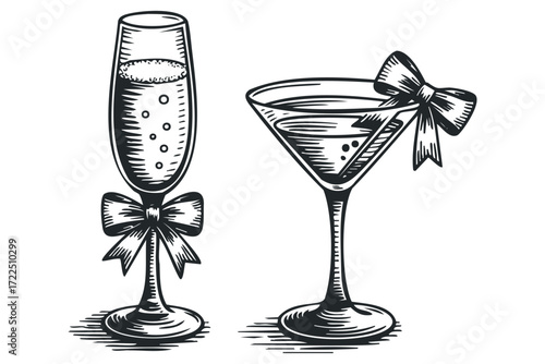 Two glasses with drinks and bows. Vector hand drawn illustration