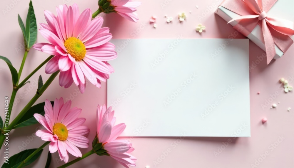 Fototapeta premium Elegant white greeting card mockup with aster flowers & gift box , celebration, aster flowers, stationery