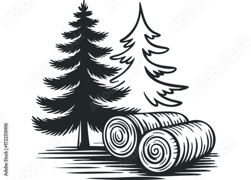Pine Trees and Rolled Hay Bales. Vector hand drawn illustration