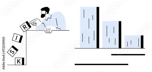 Man trying to stabilize falling blocks labeled RISK near a bar chart. Ideal for business strategy, decision-making, risk assessment, analysis, planning, leadership, growth. Simple flat metaphor