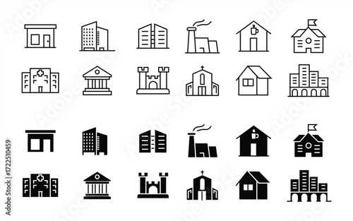 Building web icons in line style. Hotel, hospital, apartment, city, townhouse, mall, coffee shop, collection. Vector illustration
