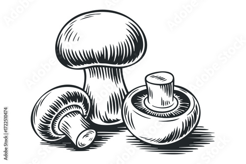 Group of Mushrooms with Hatch Mark Shading. Vector hand drawn illustration