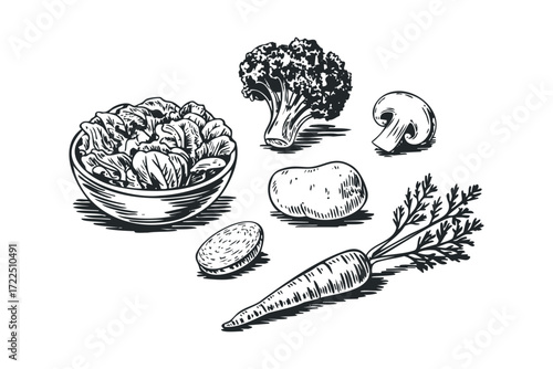 Hand Drawn Vegetables in a Bowl and Scattered. Vector hand drawn illustration