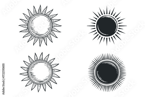 Four Stylized Sun Icons Black and White. Vector hand drawn illustration