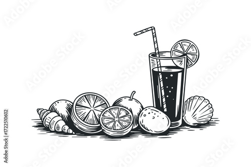 Citrus fruit assortment with drink and seashells. Vector hand drawn illustration