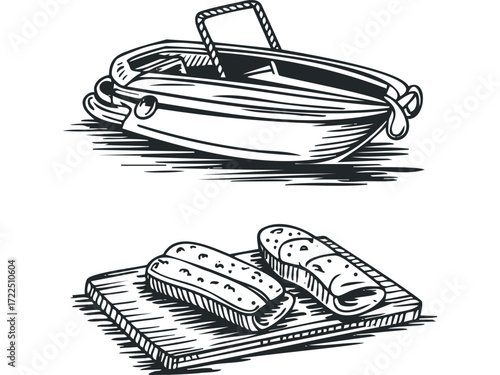 Vintage style drawing of a fishing boat and caught fish. Vector hand drawn illustration