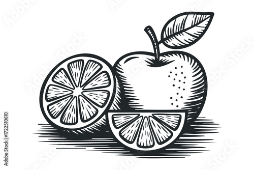 Apple and citrus fruit halves rendered in woodcut style. Vector hand drawn illustration