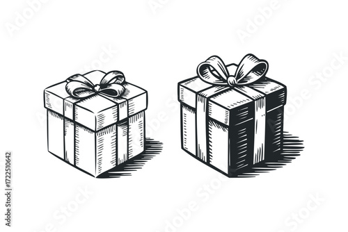 Two Textured Gift Boxes with Ribbons. Vector hand drawn illustration