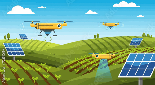 Drones and solar panels in a smart farming landscape.