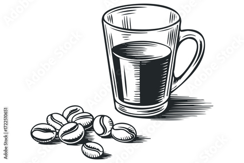 Glass mug filled with coffee beans. Vector hand drawn illustration