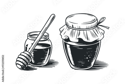 Jar of honey and dipper isolated on white background. Vector hand drawn illustration