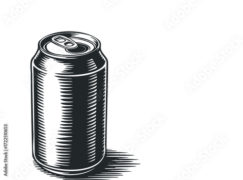 Single beverage can with open tab and cast shadow. Vector hand drawn illustration